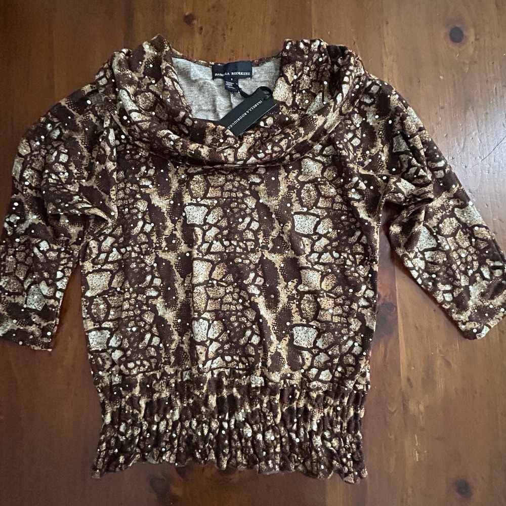 ISABELLA RODRIGUEZ New Animal Print Alligator TOP S Cowl Blouse Chic Maximalist - Picture 17 of 17